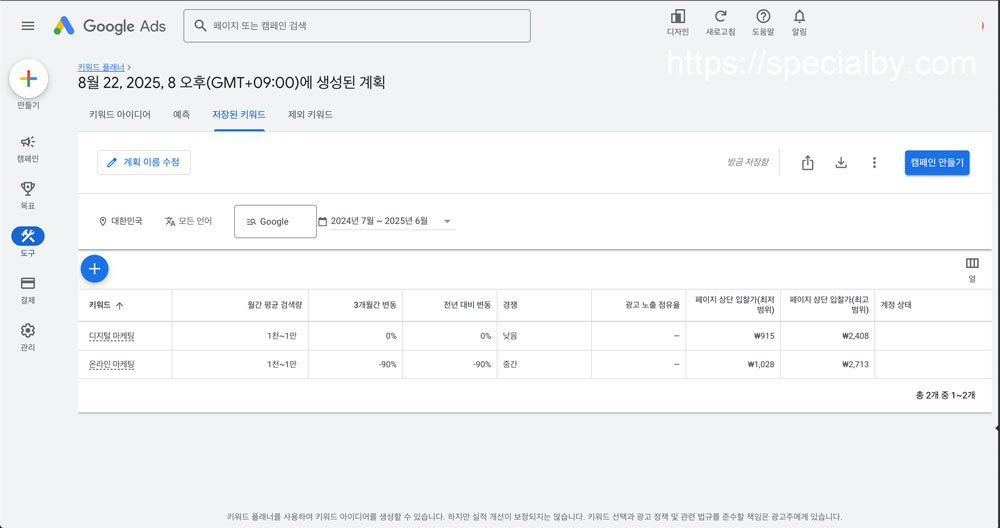 구글 키워드 플래너 검색량 및 예상실적 조회 결과