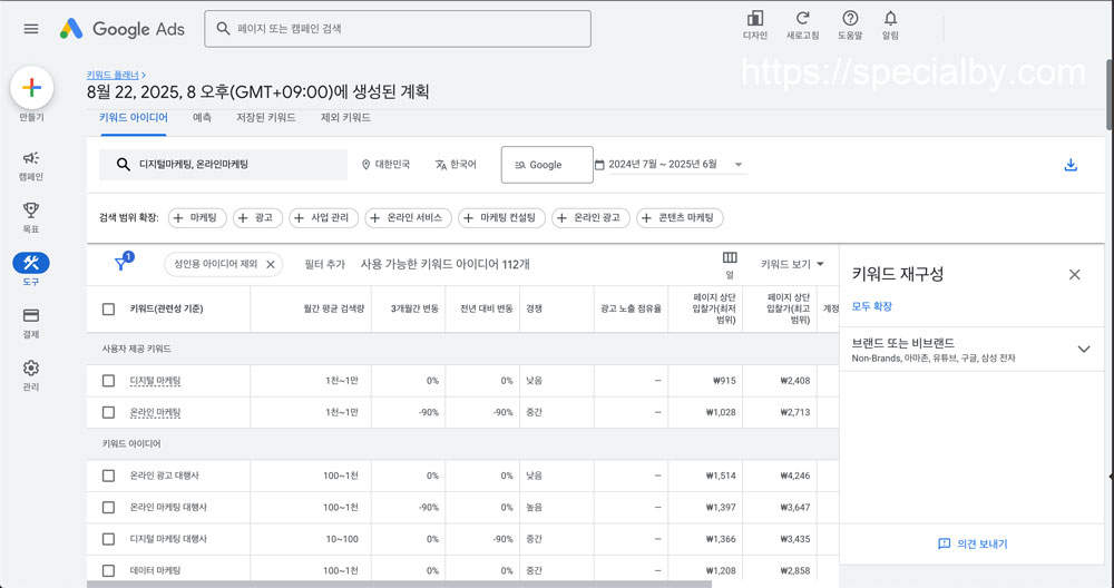 구글 키워드플래너 새 키워드 찾기 조회결과